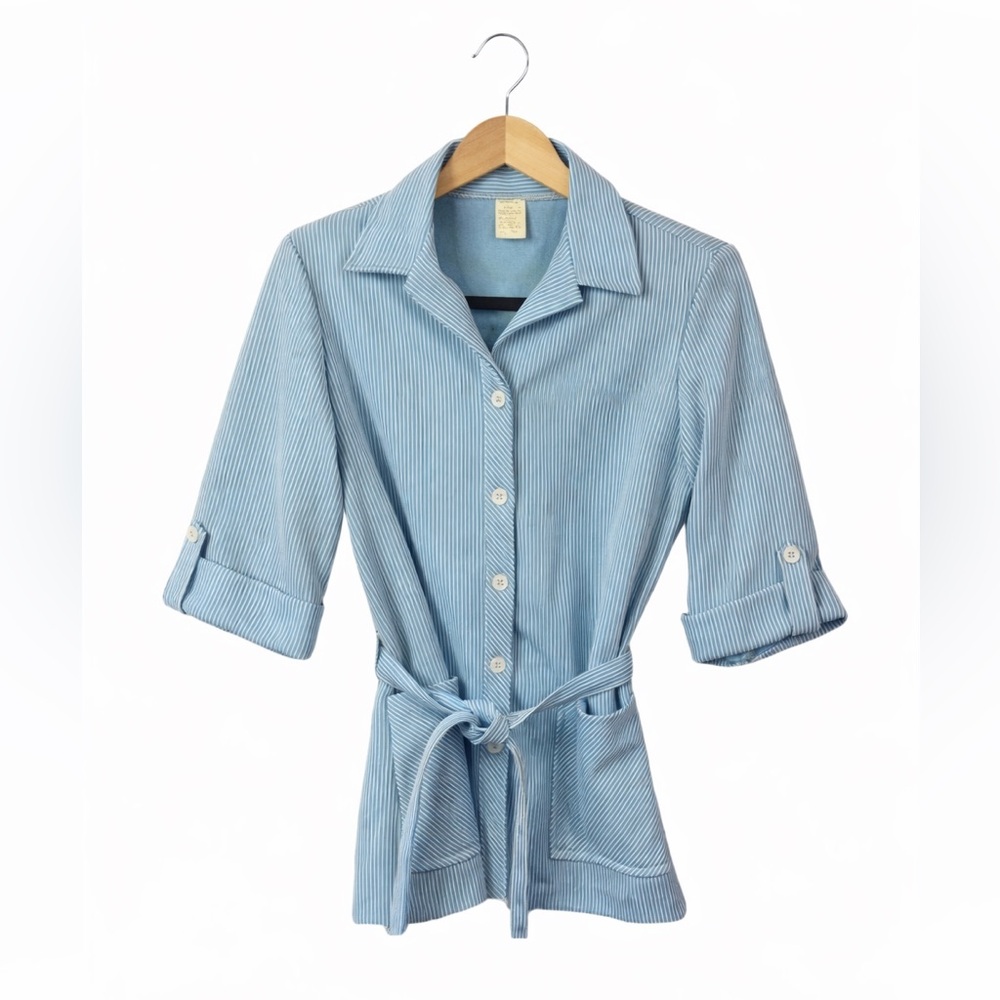 Vintage Blue Striped Belted Jacket Size 10 Retro Cottagecore Coastal Grandmother